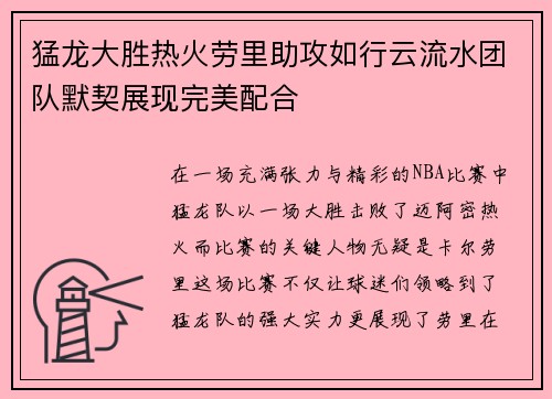 猛龙大胜热火劳里助攻如行云流水团队默契展现完美配合