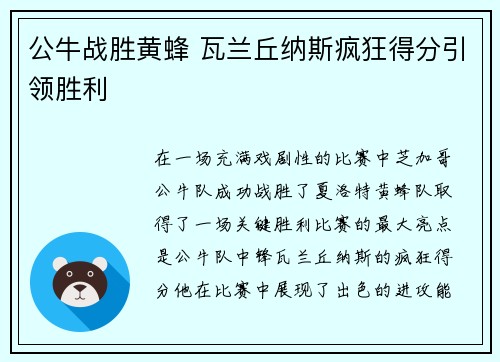 公牛战胜黄蜂 瓦兰丘纳斯疯狂得分引领胜利