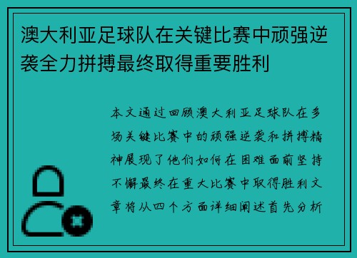 澳大利亚足球队在关键比赛中顽强逆袭全力拼搏最终取得重要胜利