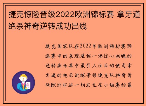 捷克惊险晋级2022欧洲锦标赛 拿牙道绝杀神奇逆转成功出线