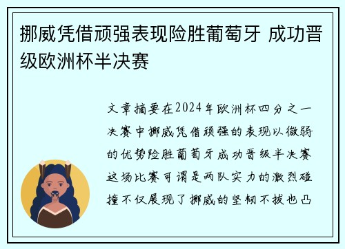 挪威凭借顽强表现险胜葡萄牙 成功晋级欧洲杯半决赛