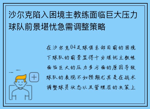沙尔克陷入困境主教练面临巨大压力球队前景堪忧急需调整策略
